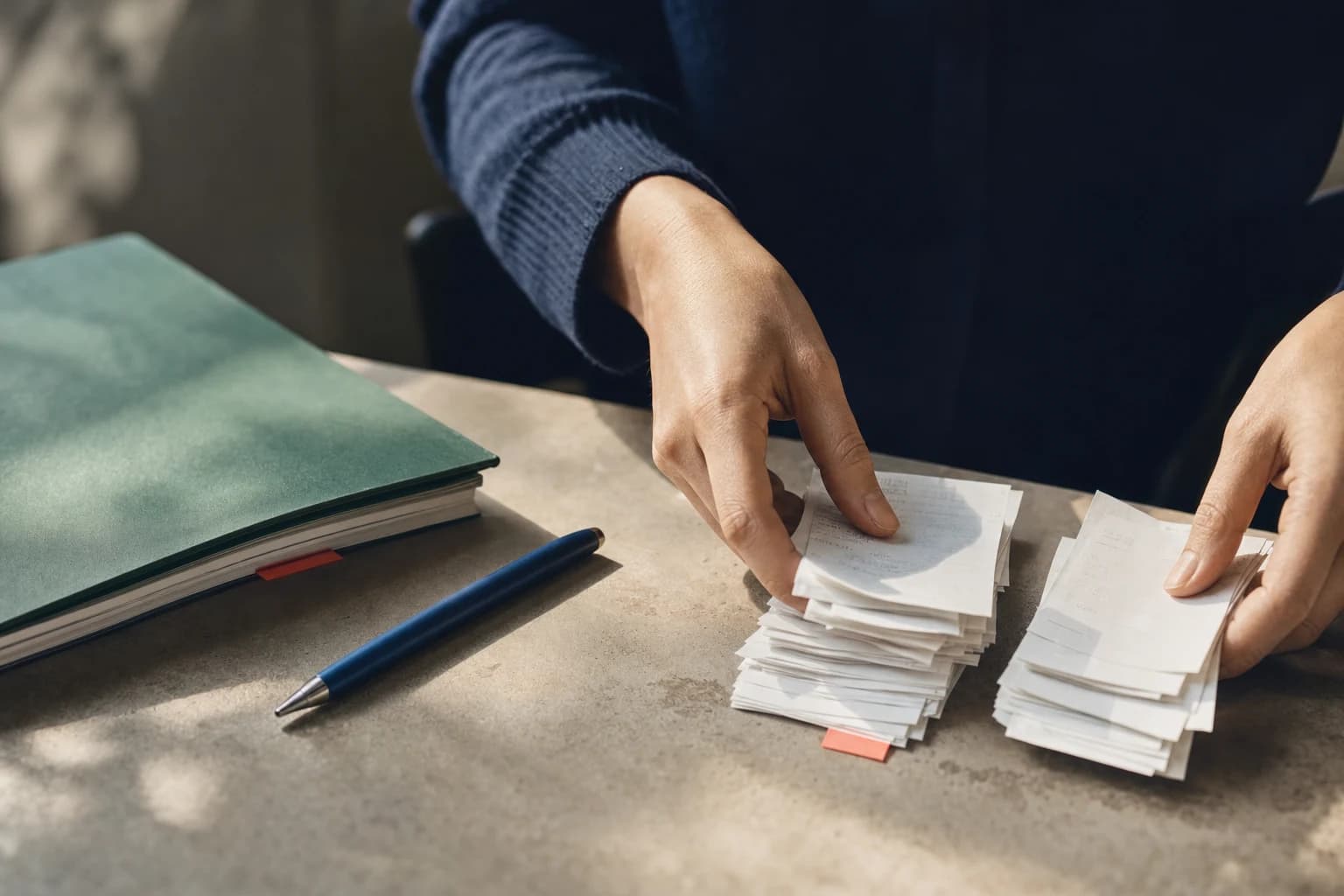 Hands sorting receipts into two piles on a stone desk