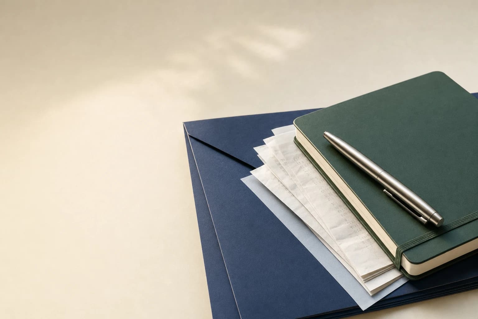A stack of receipts beside a navy folder and green notebook