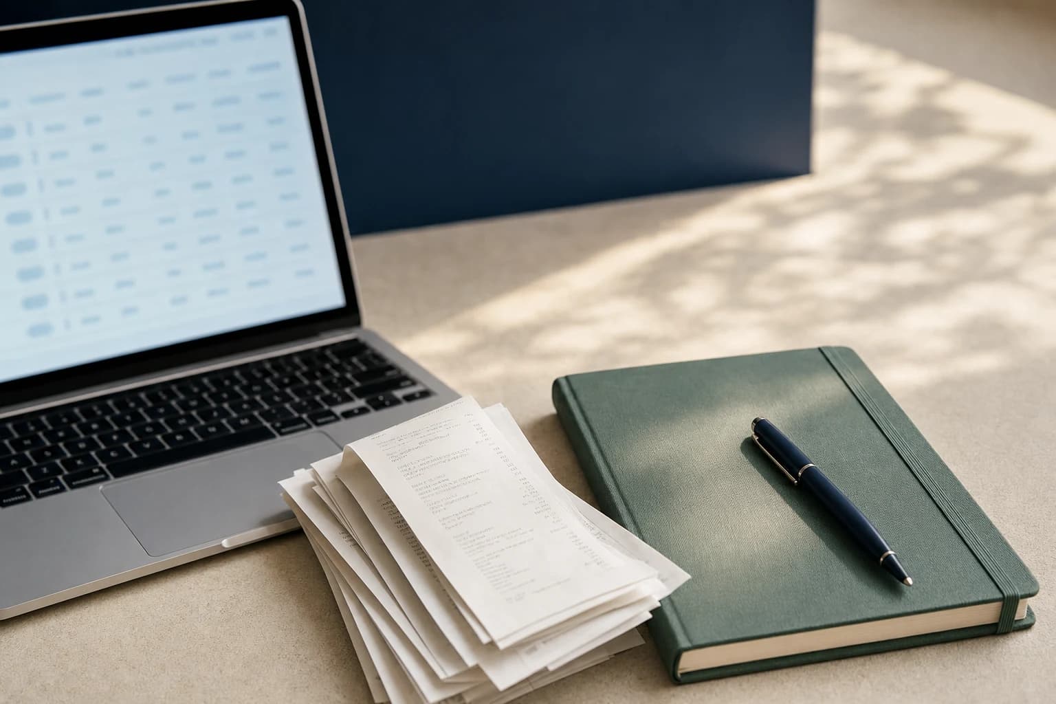 A laptop, receipts, and notebook arranged for an operations review